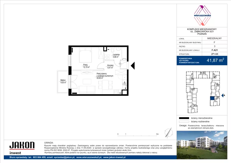 2 pokoje, mieszkanie 41,87 m², piętro 3, oferta nr F.A21, Wieruszowska, Poznań, Grunwald, Junikowo, ul. Wieruszowska 4