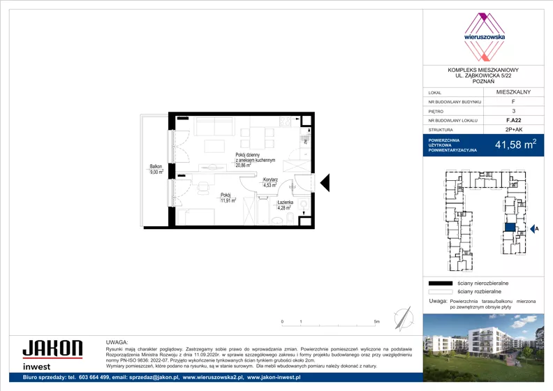 2 pokoje, mieszkanie 41,58 m², piętro 3, oferta nr F.A22, Wieruszowska, Poznań, Grunwald, Junikowo, ul. Wieruszowska 4