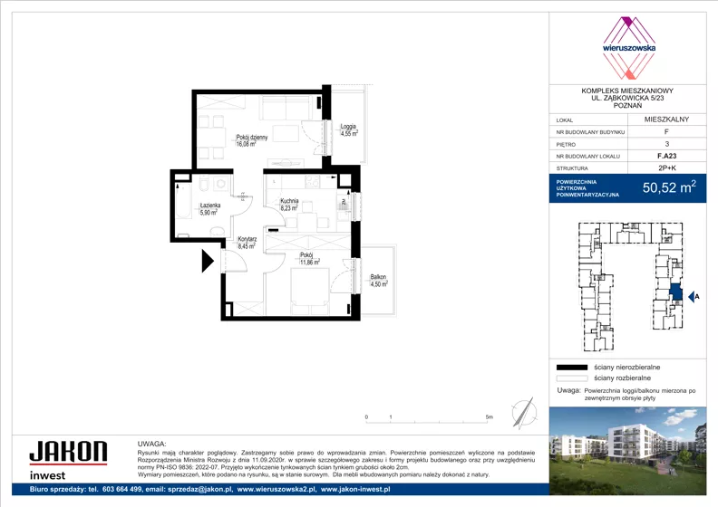 2 pokoje, mieszkanie 50,52 m², piętro 3, oferta nr F.A23, Wieruszowska, Poznań, Grunwald, Junikowo, ul. Wieruszowska 4