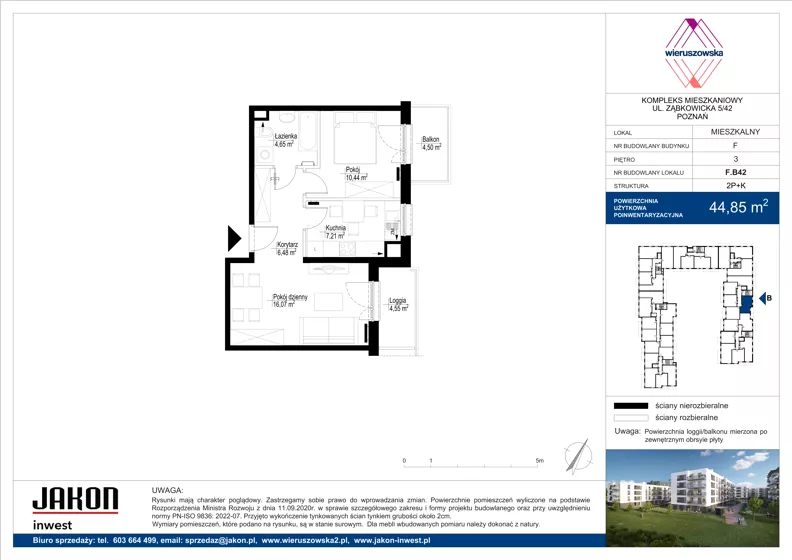 2 pokoje, mieszkanie 44,85 m², piętro 3, oferta nr F.B42, Wieruszowska, Poznań, Grunwald, Junikowo, ul. Wieruszowska 4
