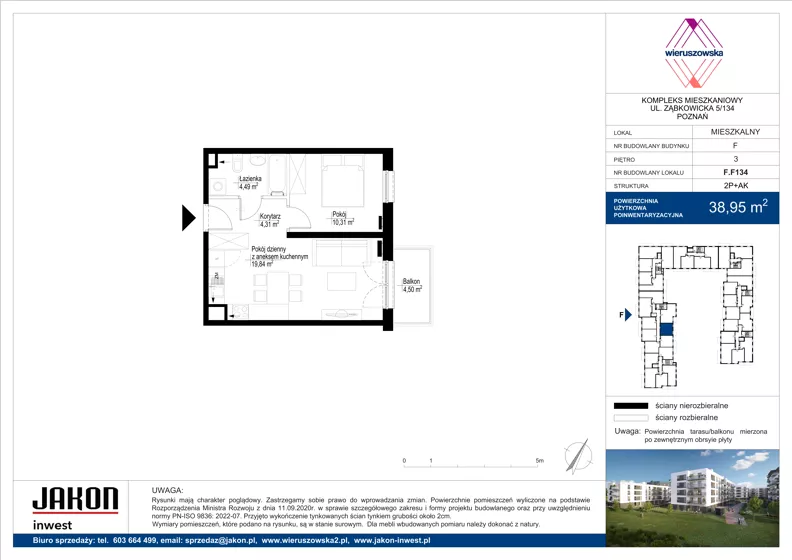 2 pokoje, mieszkanie 38,95 m², piętro 3, oferta nr F.F134, Wieruszowska, Poznań, Grunwald, Junikowo, ul. Wieruszowska 4