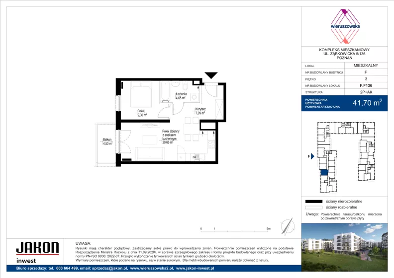 2 pokoje, mieszkanie 41,70 m², piętro 3, oferta nr F.F136, Wieruszowska, Poznań, Grunwald, Junikowo, ul. Wieruszowska 4