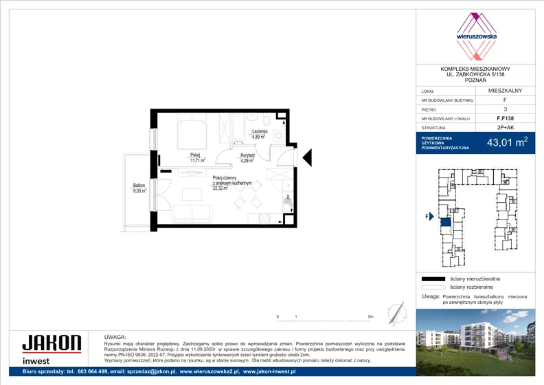 2 pokoje, mieszkanie 43,01 m², piętro 3, oferta nr F.F138, Wieruszowska, Poznań, Grunwald, Junikowo, ul. Wieruszowska 4