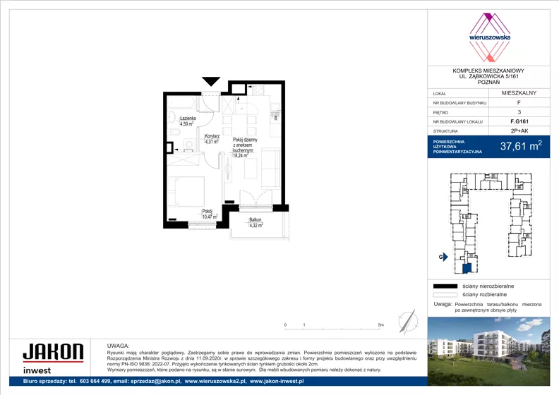 2 pokoje, mieszkanie 37,61 m², piętro 3, oferta nr F.G161, Wieruszowska, Poznań, Grunwald, Junikowo, ul. Wieruszowska 4