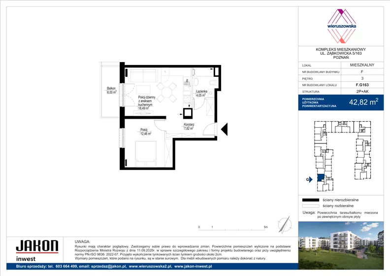 2 pokoje, mieszkanie 42,82 m², piętro 3, oferta nr F.G163, Wieruszowska, Poznań, Grunwald, Junikowo, ul. Wieruszowska 4