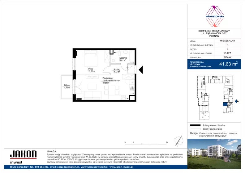 2 pokoje, mieszkanie 41,63 m², piętro 4, oferta nr F.A27, Wieruszowska, Poznań, Grunwald, Junikowo, ul. Wieruszowska 4