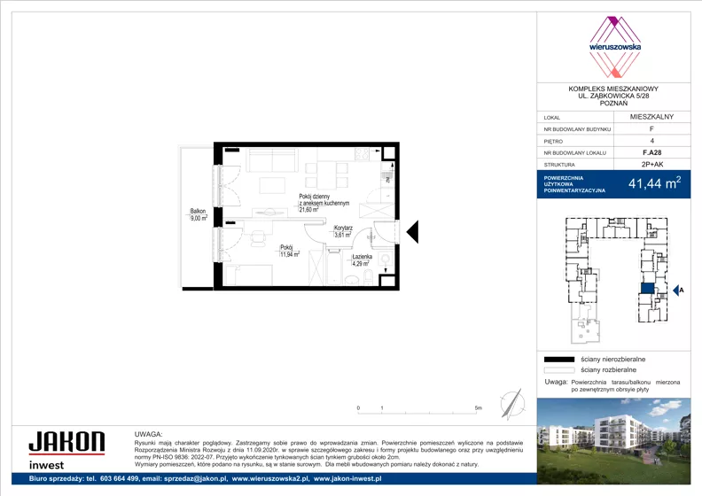 2 pokoje, mieszkanie 41,44 m², piętro 4, oferta nr F.A28, Wieruszowska, Poznań, Grunwald, Junikowo, ul. Wieruszowska 4