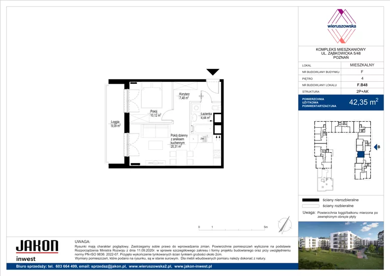 2 pokoje, mieszkanie 42,35 m², piętro 4, oferta nr F.B48, Wieruszowska, Poznań, Grunwald, Junikowo, ul. Wieruszowska 4