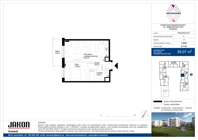 2 pokoje, mieszkanie 39,07 m², piętro 4, oferta nr F.B49, Wieruszowska, Poznań, Grunwald, Junikowo, ul. Wieruszowska 4