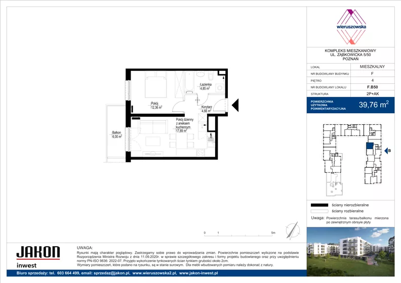 2 pokoje, mieszkanie 39,76 m², piętro 4, oferta nr F.B50, Wieruszowska, Poznań, Grunwald, Junikowo, ul. Wieruszowska 4