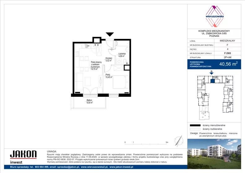 2 pokoje, mieszkanie 40,56 m², piętro 4, oferta nr F.D85, Wieruszowska, Poznań, Grunwald, Junikowo, ul. Wieruszowska 4