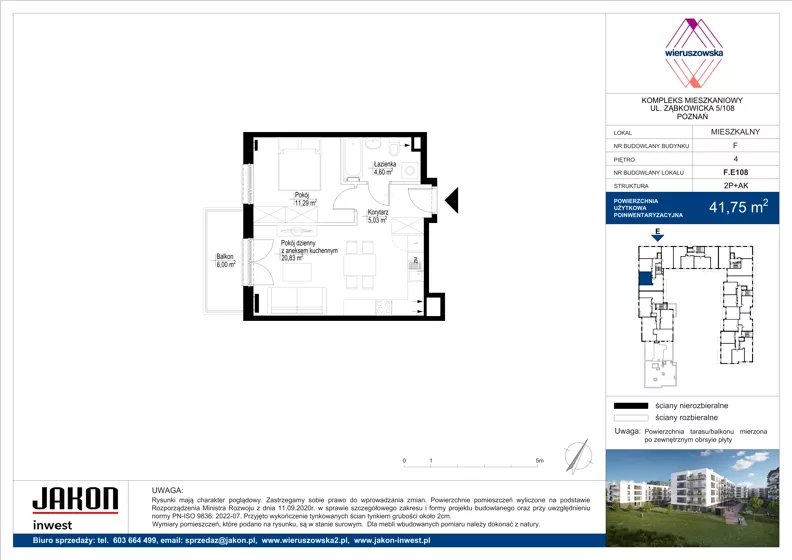 2 pokoje, mieszkanie 41,75 m², piętro 4, oferta nr F.E108, Wieruszowska, Poznań, Grunwald, Junikowo, ul. Wieruszowska 4