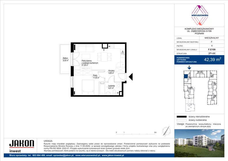 2 pokoje, mieszkanie 42,39 m², piętro 4, oferta nr F.E109, Wieruszowska, Poznań, Grunwald, Junikowo, ul. Wieruszowska 4
