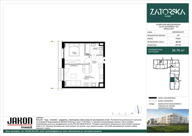 2 pokoje, mieszkanie 38,78 m², parter, oferta nr A2.A3, Zatorska Home, Wrocław, Psie Pole-Zawidawie, Zakrzów, ul. Zatorska 146-150