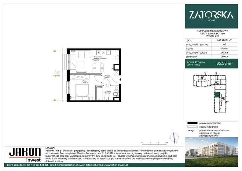 2 pokoje, mieszkanie 35,38 m², parter, oferta nr A2.A4, Zatorska Home, Wrocław, Psie Pole-Zawidawie, Zakrzów, ul. Zatorska 146-150