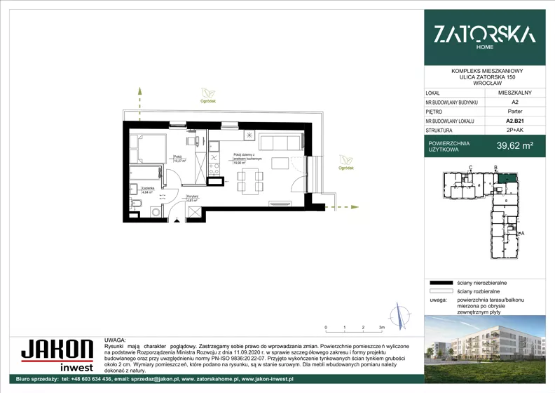 2 pokoje, mieszkanie 39,62 m², parter, oferta nr A2.B21, Zatorska Home, Wrocław, Psie Pole-Zawidawie, Zakrzów, ul. Zatorska 146-150