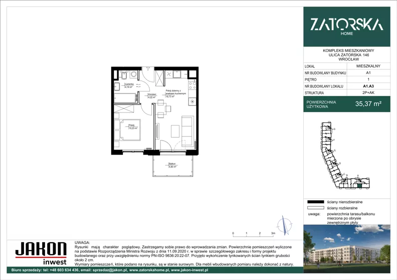 2 pokoje, mieszkanie 35,37 m², piętro 1, oferta nr A1.A3, Zatorska Home, Wrocław, Psie Pole-Zawidawie, Zakrzów, ul. Zatorska 146-150