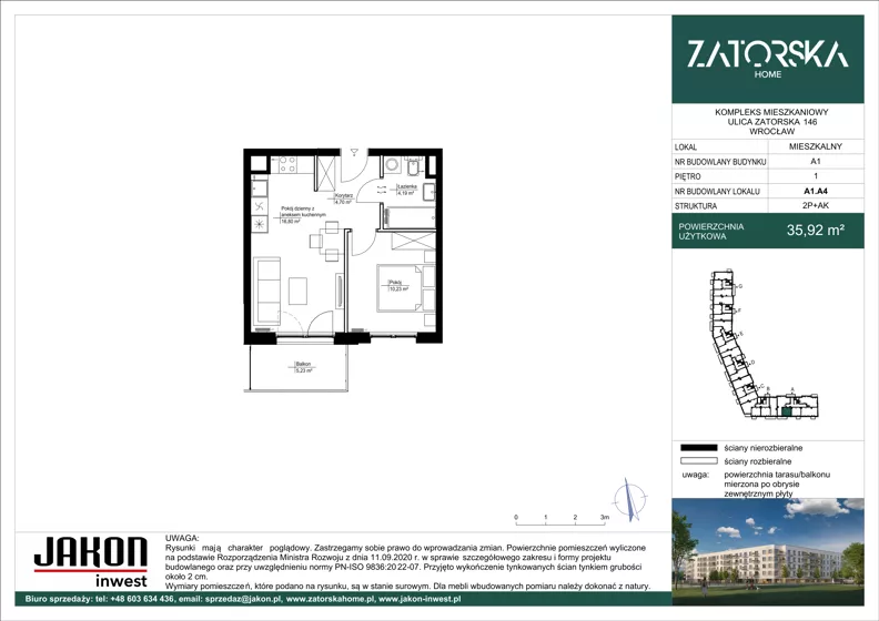 2 pokoje, mieszkanie 35,92 m², piętro 1, oferta nr A1.A4, Zatorska Home, Wrocław, Psie Pole-Zawidawie, Zakrzów, ul. Zatorska 146-150