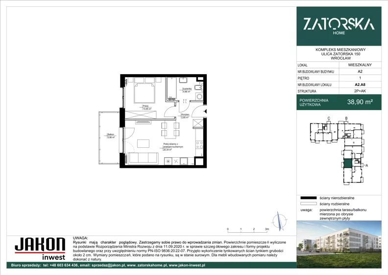 2 pokoje, mieszkanie 38,90 m², piętro 1, oferta nr A2.A8, Zatorska Home, Wrocław, Psie Pole-Zawidawie, Zakrzów, ul. Zatorska 146-150