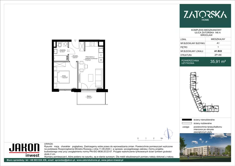2 pokoje, mieszkanie 35,94 m², piętro 1, oferta nr A1.B22, Zatorska Home, Wrocław, Psie Pole-Zawidawie, Zakrzów, ul. Zatorska 146-150