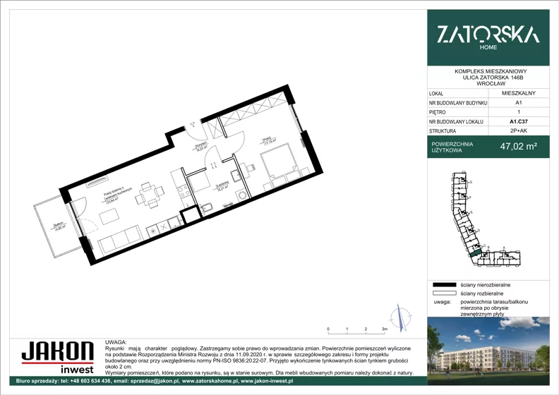 2 pokoje, mieszkanie 47,02 m², piętro 1, oferta nr A1.C37, Zatorska Home, Wrocław, Psie Pole-Zawidawie, Zakrzów, ul. Zatorska 146-150