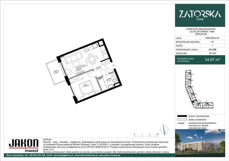 2 pokoje, mieszkanie 34,97 m², piętro 1, oferta nr A1.C38, Zatorska Home, Wrocław, Psie Pole-Zawidawie, Zakrzów, ul. Zatorska 146-150