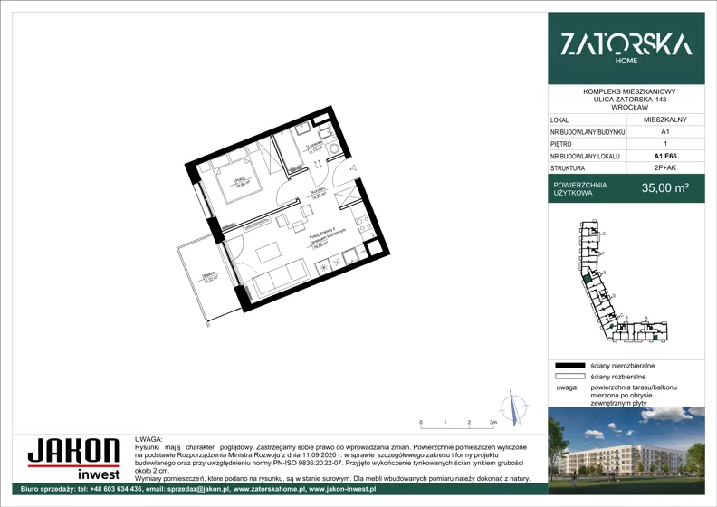 2 pokoje, mieszkanie 34,97 m², piętro 1, oferta nr A1.E66, Zatorska Home, Wrocław, Psie Pole-Zawidawie, Zakrzów, ul. Zatorska 146-150