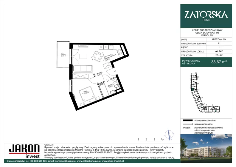 2 pokoje, mieszkanie 38,67 m², piętro 1, oferta nr A1.E67, Zatorska Home, Wrocław, Psie Pole-Zawidawie, Zakrzów, ul. Zatorska 146-150