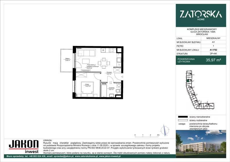 2 pokoje, mieszkanie 35,97 m², piętro 1, oferta nr A1.F82, Zatorska Home, Wrocław, Psie Pole-Zawidawie, Zakrzów, ul. Zatorska 146-150