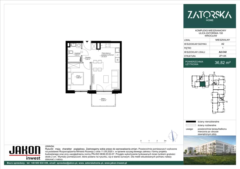 2 pokoje, mieszkanie 36,82 m², piętro 1, oferta nr A2.C42, Zatorska Home, Wrocław, Psie Pole-Zawidawie, Zakrzów, ul. Zatorska 146-150