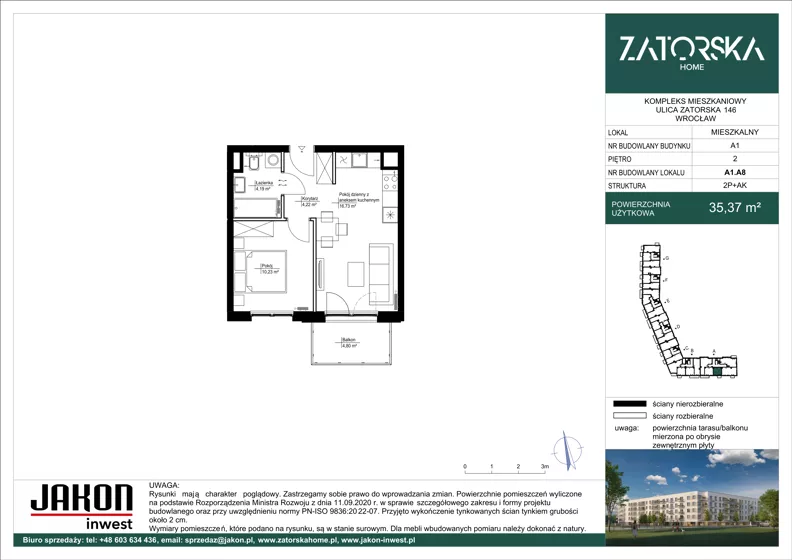 2 pokoje, mieszkanie 35,37 m², piętro 2, oferta nr A1.A8, Zatorska Home, Wrocław, Psie Pole-Zawidawie, Zakrzów, ul. Zatorska 146-150