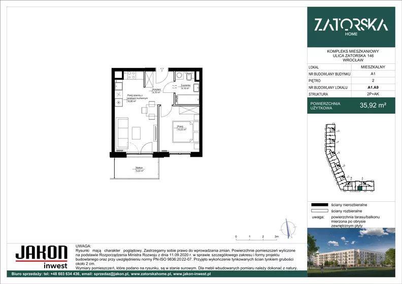 2 pokoje, mieszkanie 35,92 m², piętro 2, oferta nr A1.A9, Zatorska Home, Wrocław, Psie Pole-Zawidawie, Zakrzów, ul. Zatorska 146-150