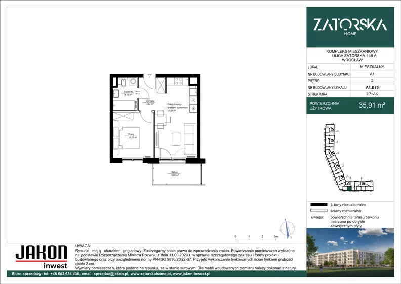 2 pokoje, mieszkanie 35,94 m², piętro 2, oferta nr A1.B26, Zatorska Home, Wrocław, Psie Pole-Zawidawie, Zakrzów, ul. Zatorska 146-150