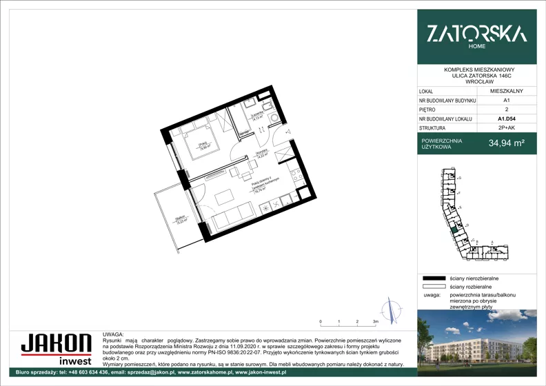 2 pokoje, mieszkanie 34,94 m², piętro 2, oferta nr A1.D54, Zatorska Home, Wrocław, Psie Pole-Zawidawie, Zakrzów, ul. Zatorska 146-150