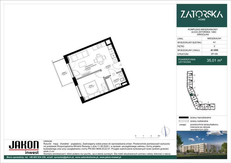 2 pokoje, mieszkanie 35,01 m², piętro 2, oferta nr A1.D55, Zatorska Home, Wrocław, Psie Pole-Zawidawie, Zakrzów, ul. Zatorska 146-150