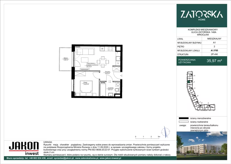 2 pokoje, mieszkanie 35,97 m², piętro 2, oferta nr A1.F85, Zatorska Home, Wrocław, Psie Pole-Zawidawie, Zakrzów, ul. Zatorska 146-150