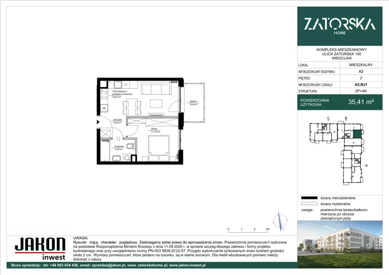 2 pokoje, mieszkanie 35,41 m², piętro 2, oferta nr A2.B31, Zatorska Home, Wrocław, Psie Pole-Zawidawie, Zakrzów, ul. Zatorska 146-150