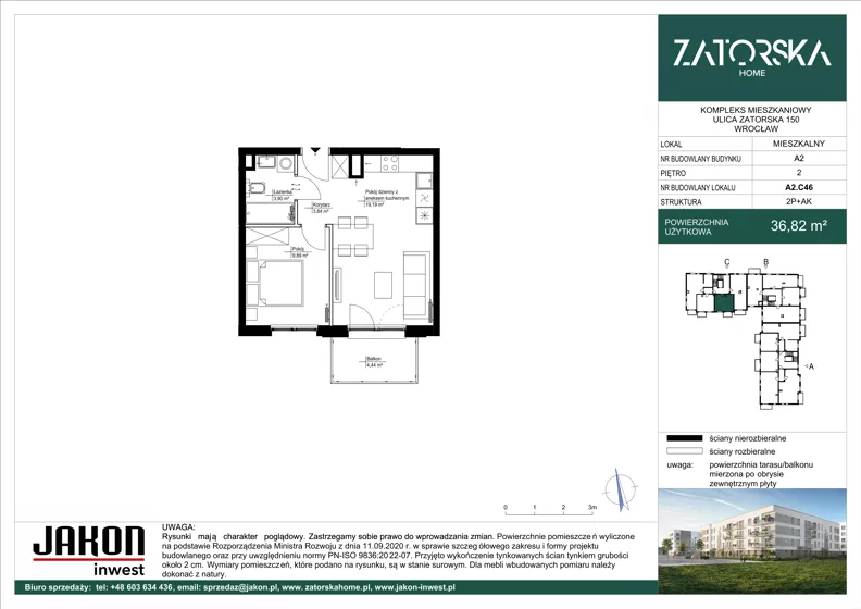 2 pokoje, mieszkanie 36,82 m², piętro 2, oferta nr A2.C46, Zatorska Home, Wrocław, Psie Pole-Zawidawie, Zakrzów, ul. Zatorska 146-150
