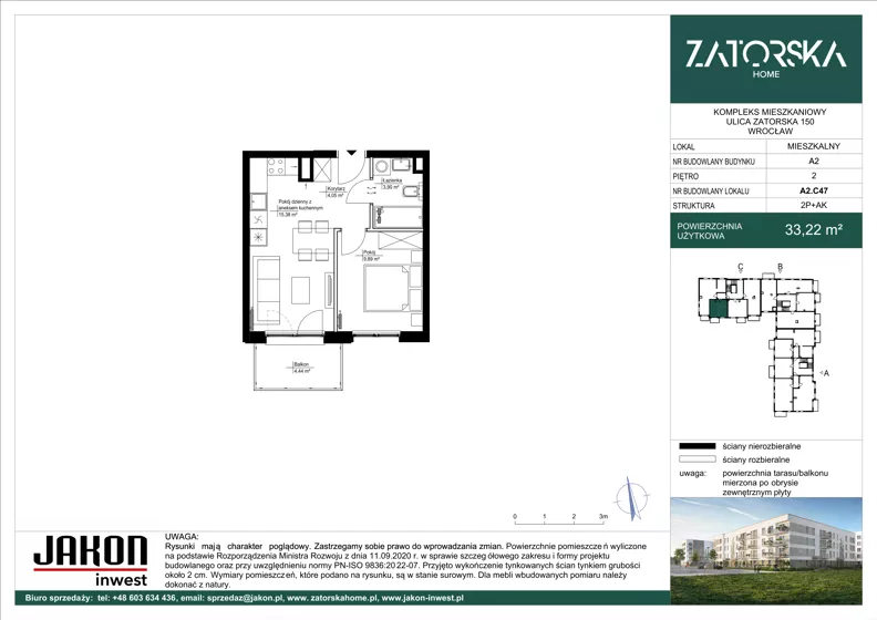 2 pokoje, mieszkanie 33,22 m², piętro 2, oferta nr A2.C47, Zatorska Home, Wrocław, Psie Pole-Zawidawie, Zakrzów, ul. Zatorska 146-150