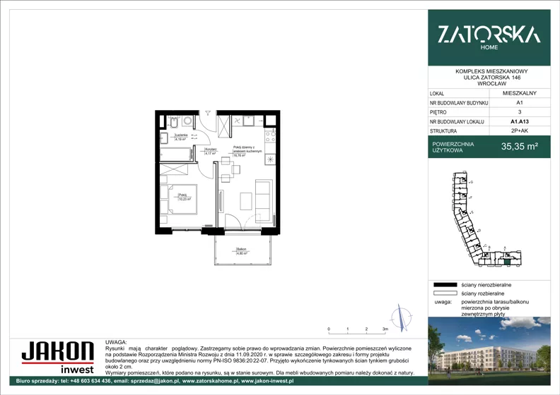 2 pokoje, mieszkanie 35,35 m², piętro 3, oferta nr A1.A13, Zatorska Home, Wrocław, Psie Pole-Zawidawie, Zakrzów, ul. Zatorska 146-150