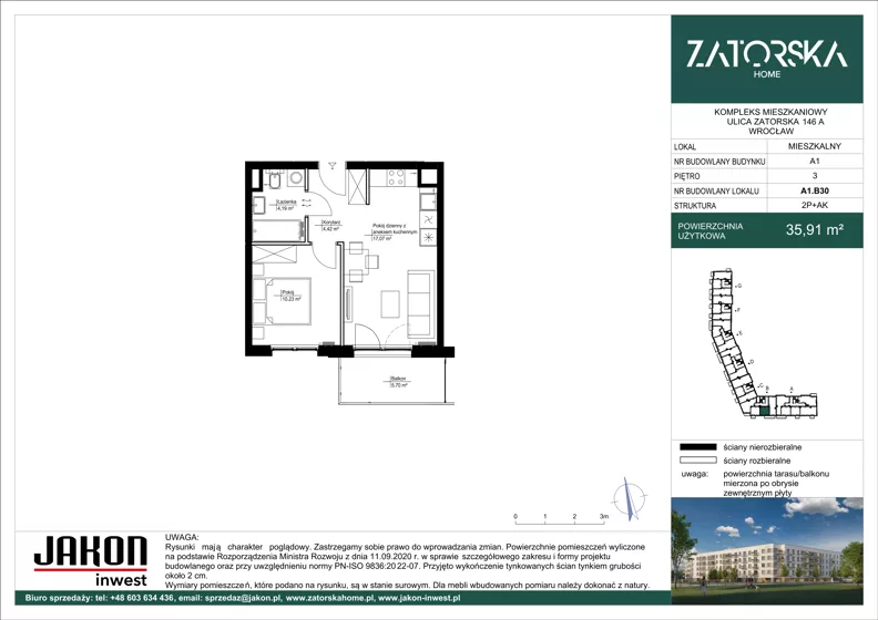 2 pokoje, mieszkanie 35,94 m², piętro 3, oferta nr A1.B30, Zatorska Home, Wrocław, Psie Pole-Zawidawie, Zakrzów, ul. Zatorska 146-150