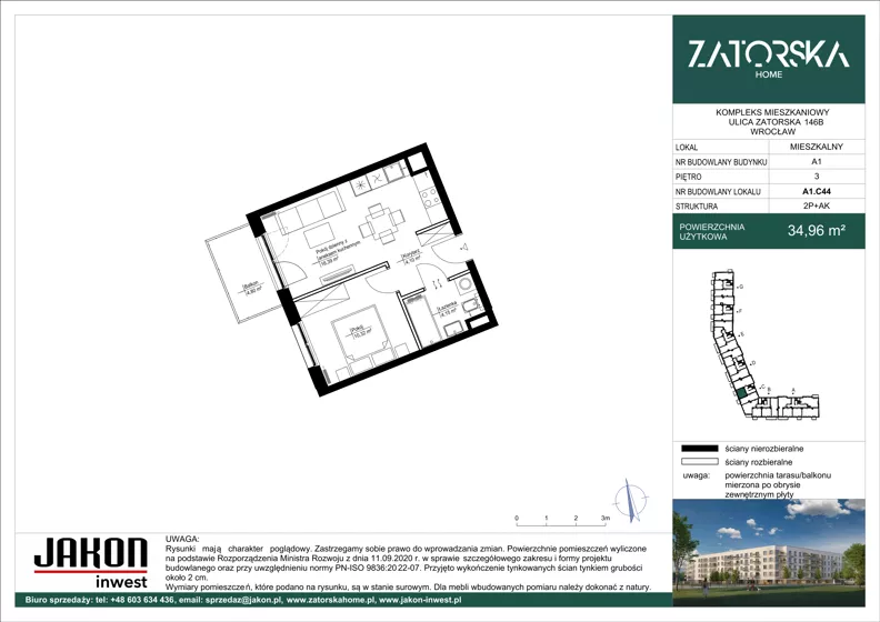 2 pokoje, mieszkanie 34,96 m², piętro 3, oferta nr A1.C44, Zatorska Home, Wrocław, Psie Pole-Zawidawie, Zakrzów, ul. Zatorska 146-150