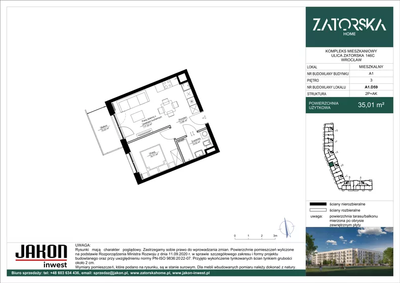 2 pokoje, mieszkanie 35,01 m², piętro 3, oferta nr A1.D59, Zatorska Home, Wrocław, Psie Pole-Zawidawie, Zakrzów, ul. Zatorska 146-150