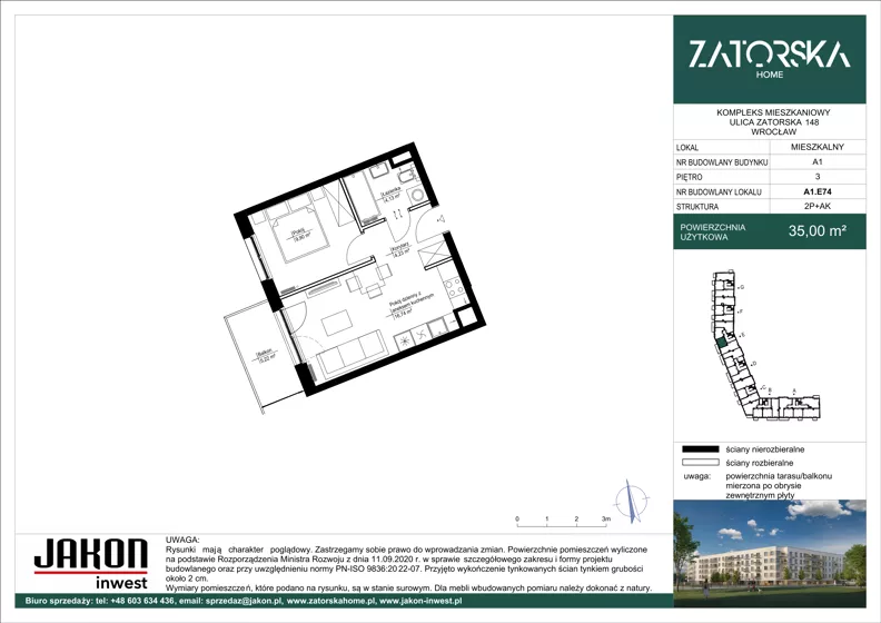 2 pokoje, mieszkanie 35,00 m², piętro 3, oferta nr A1.E74, Zatorska Home, Wrocław, Psie Pole-Zawidawie, Zakrzów, ul. Zatorska 146-150