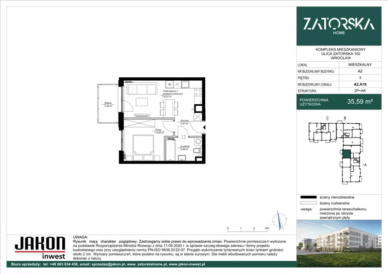 2 pokoje, mieszkanie 35,59 m², piętro 3, oferta nr A2.A19, Zatorska Home, Wrocław, Psie Pole-Zawidawie, Zakrzów, ul. Zatorska 146-150
