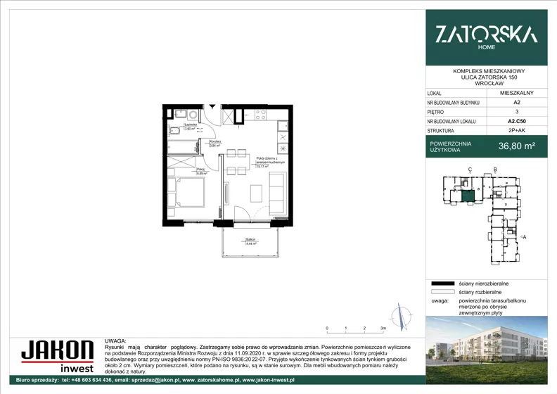 2 pokoje, mieszkanie 36,80 m², piętro 3, oferta nr A2.C50, Zatorska Home, Wrocław, Psie Pole-Zawidawie, Zakrzów, ul. Zatorska 146-150