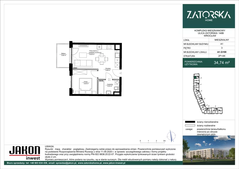 2 pokoje, mieszkanie 34,74 m², piętro 3, oferta nr A1.G100, Zatorska Home, Wrocław, Psie Pole-Zawidawie, Zakrzów, ul. Zatorska 146-150