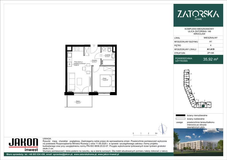 2 pokoje, mieszkanie 35,92 m², piętro 4, oferta nr A1.A19, Zatorska Home, Wrocław, Psie Pole-Zawidawie, Zakrzów, ul. Zatorska 146-150