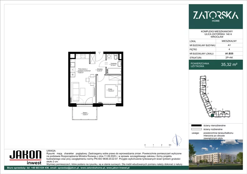 2 pokoje, mieszkanie 35,32 m², piętro 4, oferta nr A1.B35, Zatorska Home, Wrocław, Psie Pole-Zawidawie, Zakrzów, ul. Zatorska 146-150