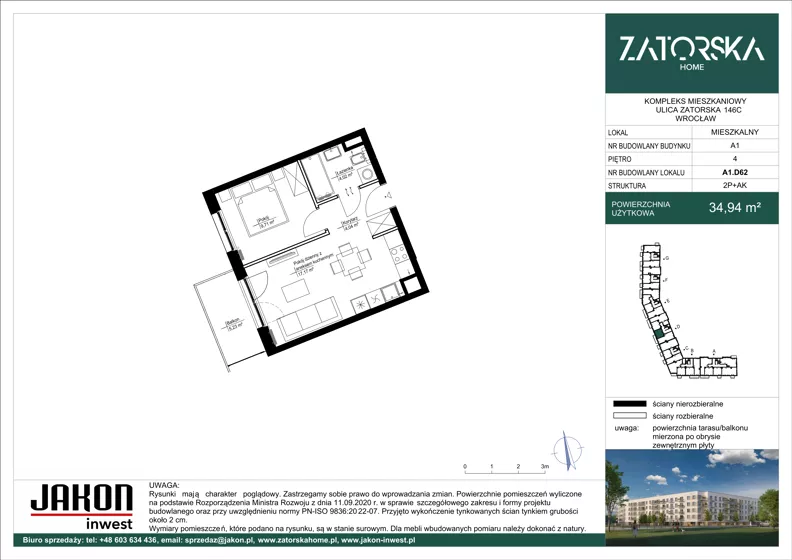 2 pokoje, mieszkanie 34,94 m², piętro 4, oferta nr A1.D62, Zatorska Home, Wrocław, Psie Pole-Zawidawie, Zakrzów, ul. Zatorska 146-150